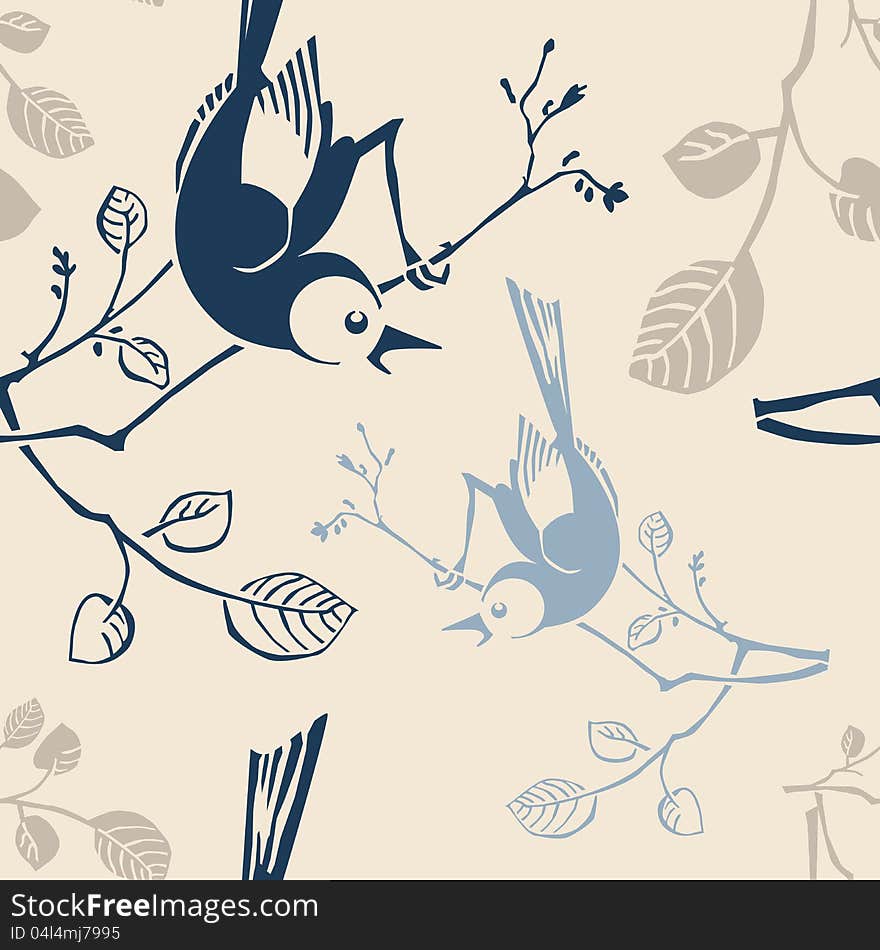 Seamless pattern with branches and birds