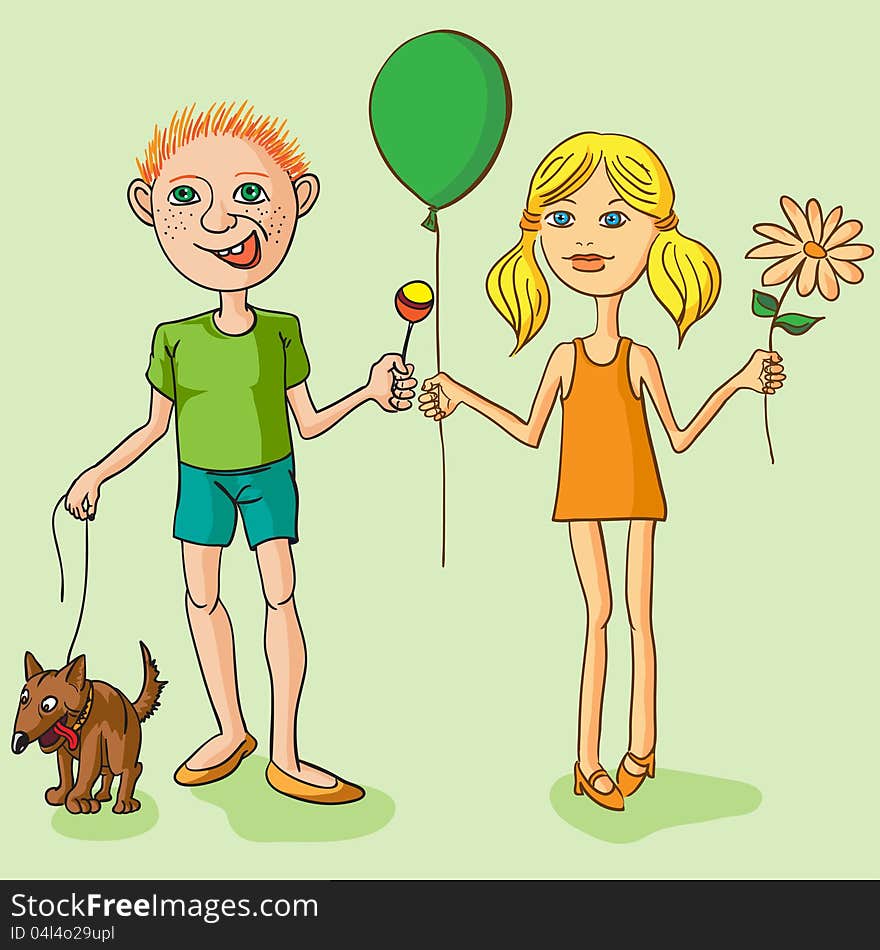 Boy with a dog, a girl with a flower. Vector illustration.