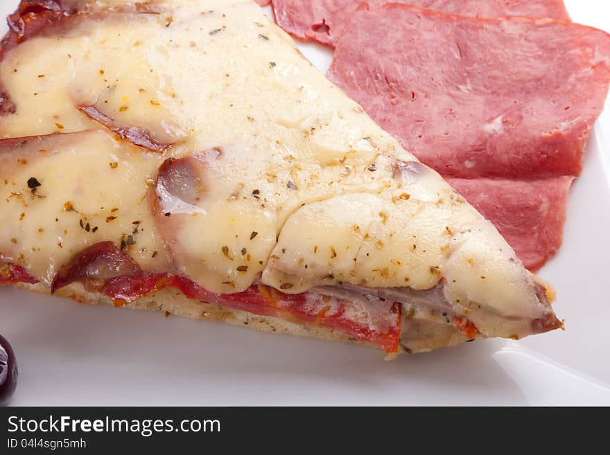 Pizza slice on a plate Closeup