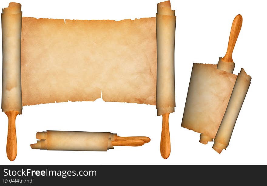 Antique scroll of parchment on a white background. Antique scroll of parchment on a white background.