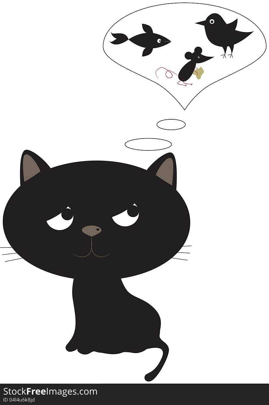 Funny black cat with dreams about mouse,fish and bird. Funny black cat with dreams about mouse,fish and bird