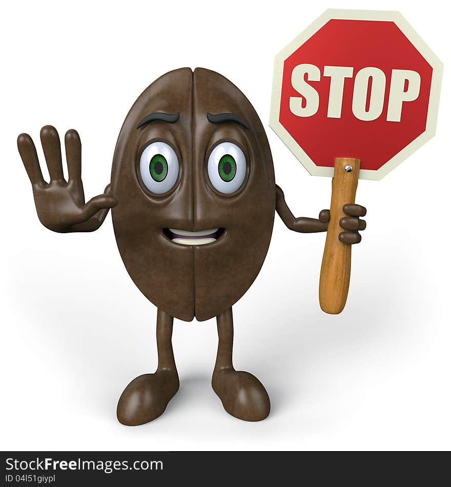 3d illustration of a cartoon coffee bean with his arm out and holding a stop sign. 3d illustration of a cartoon coffee bean with his arm out and holding a stop sign.