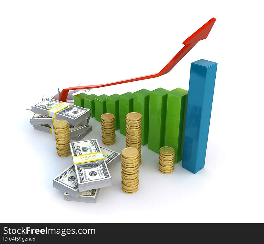 Business graph with money on the white background (3d render). Business graph with money on the white background (3d render)