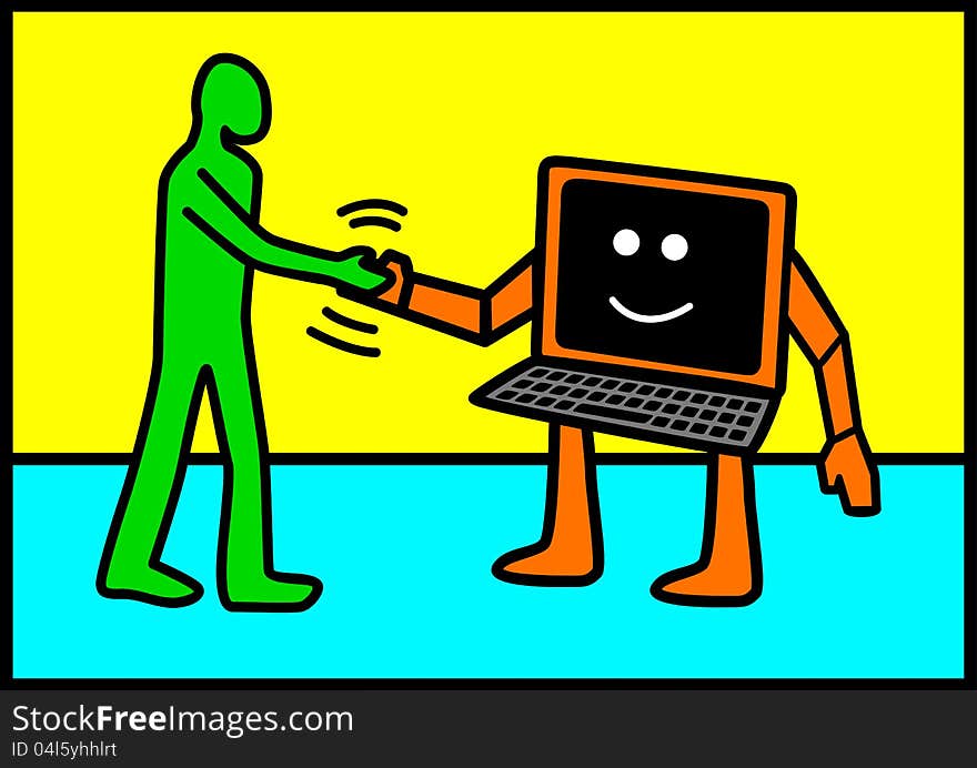 Line art illustration of a human figure shaking hand with computer. Line art illustration of a human figure shaking hand with computer