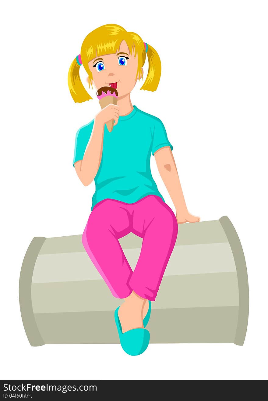 Cartoon illustration of a little girl licking an ice cream. Cartoon illustration of a little girl licking an ice cream