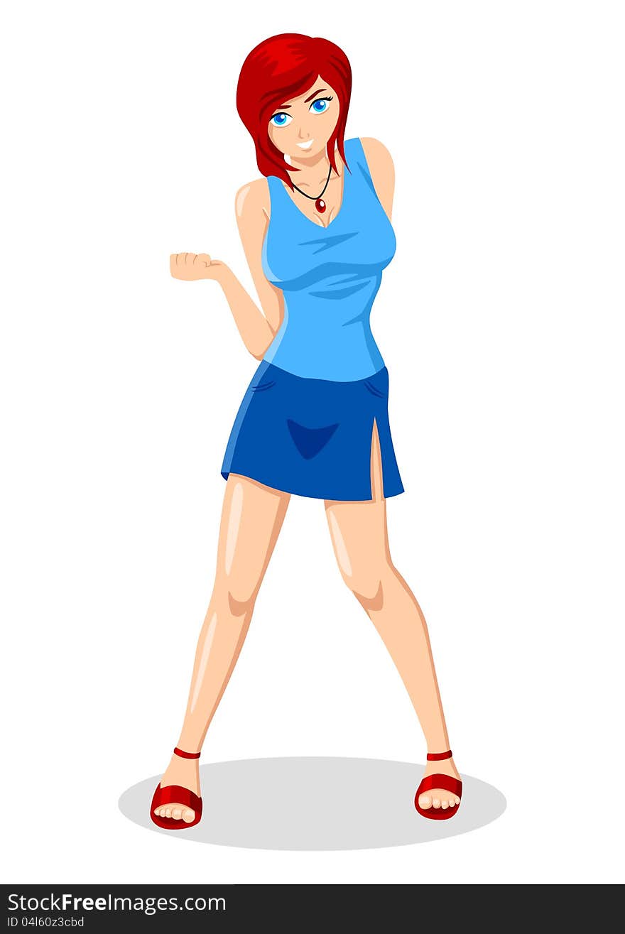 Cartoon illustration of a girl in blue tank top shirt