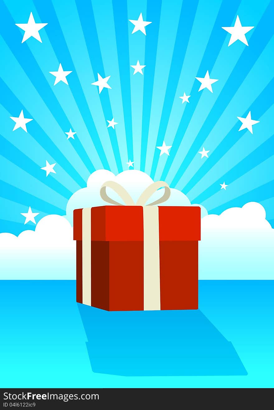 Illustration of a gift box on clouds and stars background