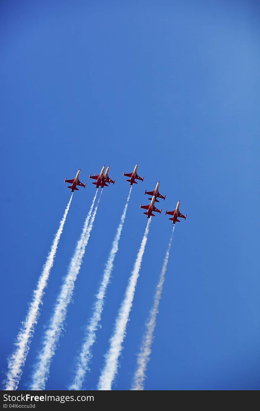 2012,BUCHAREST,ROMANIA - JULY 22:Turkish Stars demoteam at Bucharest airshow. 2012,BUCHAREST,ROMANIA - JULY 22:Turkish Stars demoteam at Bucharest airshow