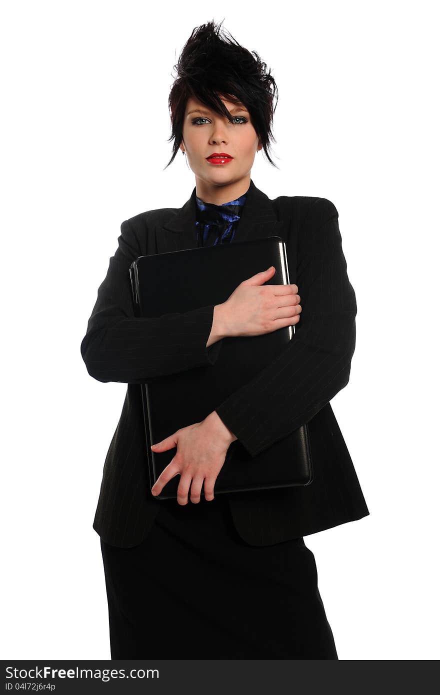 Young Businesswoman holding a laptop computer on a white background