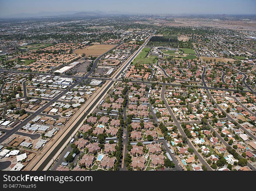 Aerial view of rooftops and amenities in northwest Mesa, Arizona. Aerial view of rooftops and amenities in northwest Mesa, Arizona