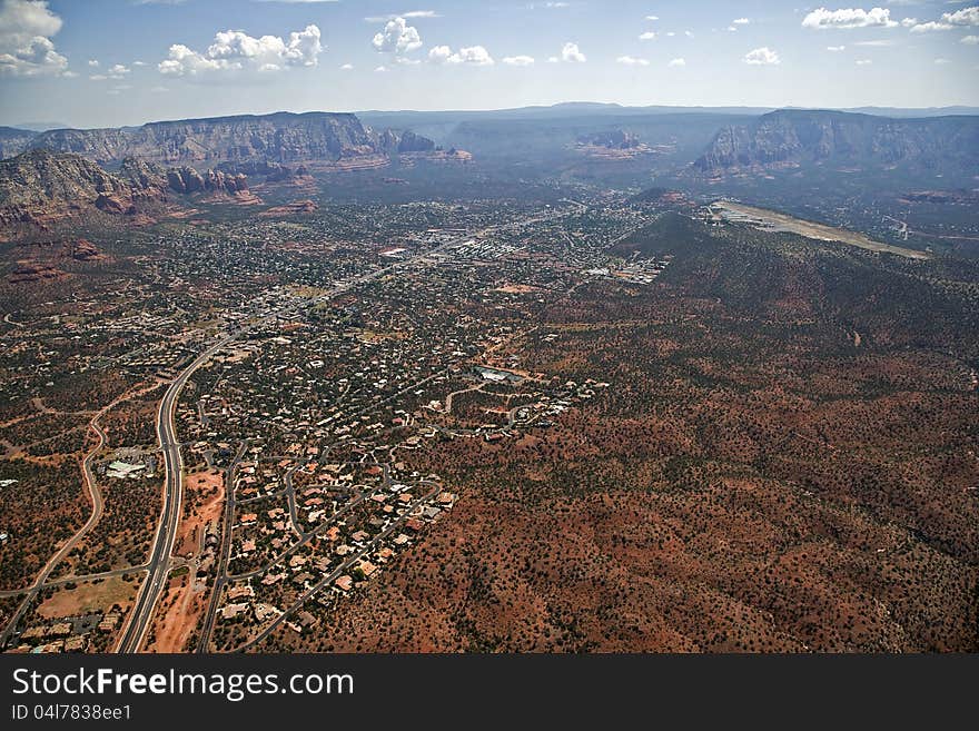 Breath taking aerial view of highway 89a and scintillating Sedona, Arizona. Breath taking aerial view of highway 89a and scintillating Sedona, Arizona