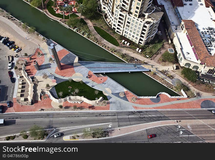 The Solari Pedestrian Bridge over canal in Scottsdale from above. The Solari Pedestrian Bridge over canal in Scottsdale from above