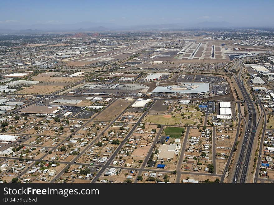 Aerial view of Sky Harbor International Airport and the Maricopa Freeway in Phoenix, Arizona. Aerial view of Sky Harbor International Airport and the Maricopa Freeway in Phoenix, Arizona