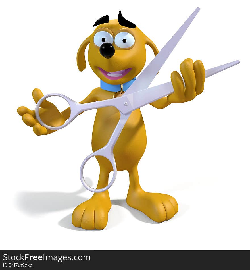 Cartoon dog holding a huge pair of scissors. Cartoon dog holding a huge pair of scissors.