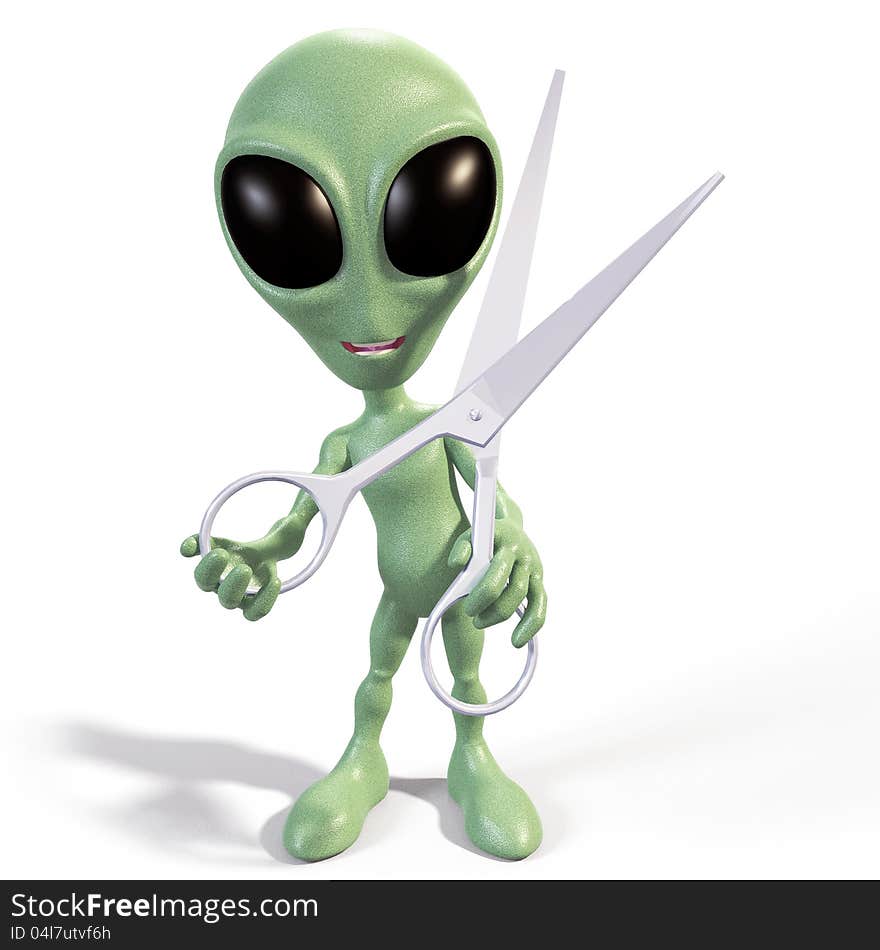 Green Cartoon alien holding a pair of scissors. Green Cartoon alien holding a pair of scissors.