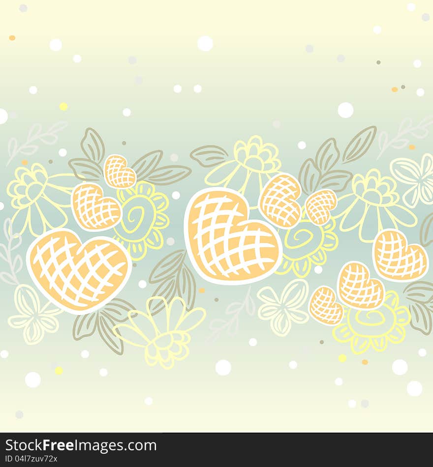 Floral background with hearts and dots in pale colors. Floral background with hearts and dots in pale colors