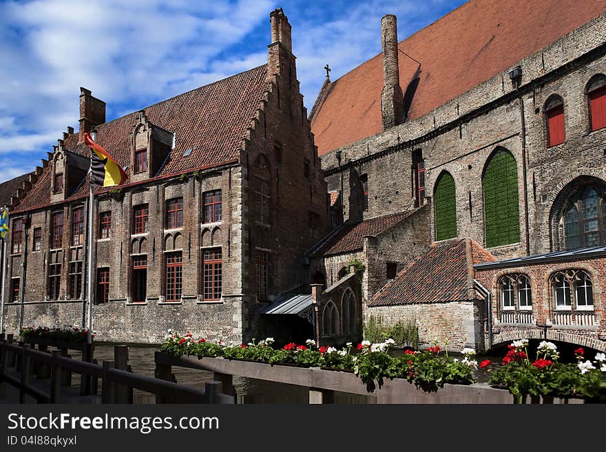 Old houses along a waterway in Brugge Belgium. Old houses along a waterway in Brugge Belgium