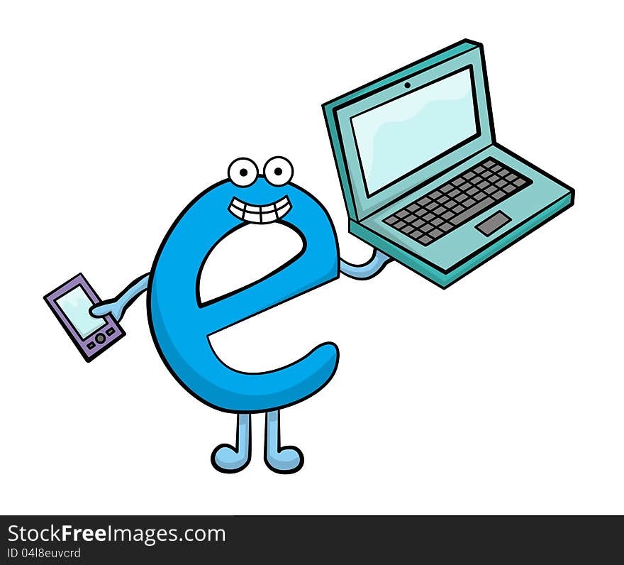 A blue cartoon letter e with face holding a phone and laptop while smiling. A blue cartoon letter e with face holding a phone and laptop while smiling