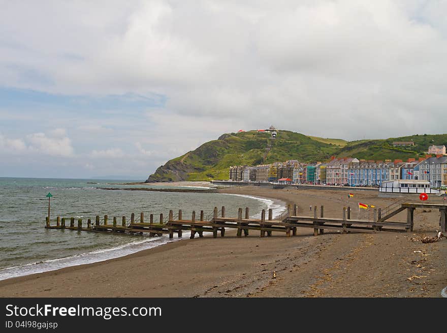 View of Aberystwth beach towards the mountain railway