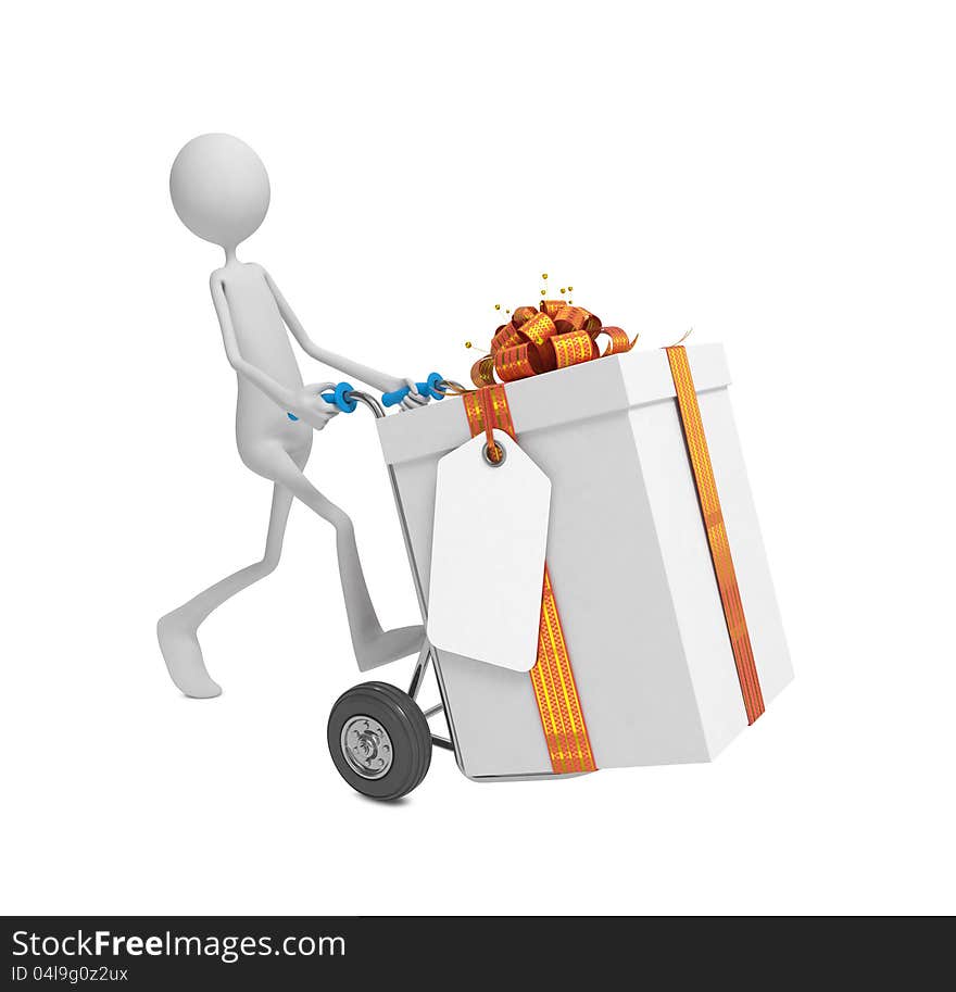 3d Human Moving the Gift Box with Label and Ribbon Bow on Hand Truck.