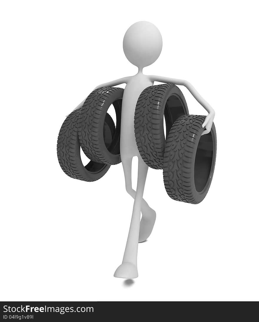 3d Human Moving the Set of Car Wheels. Seasonal Discounts Concept.