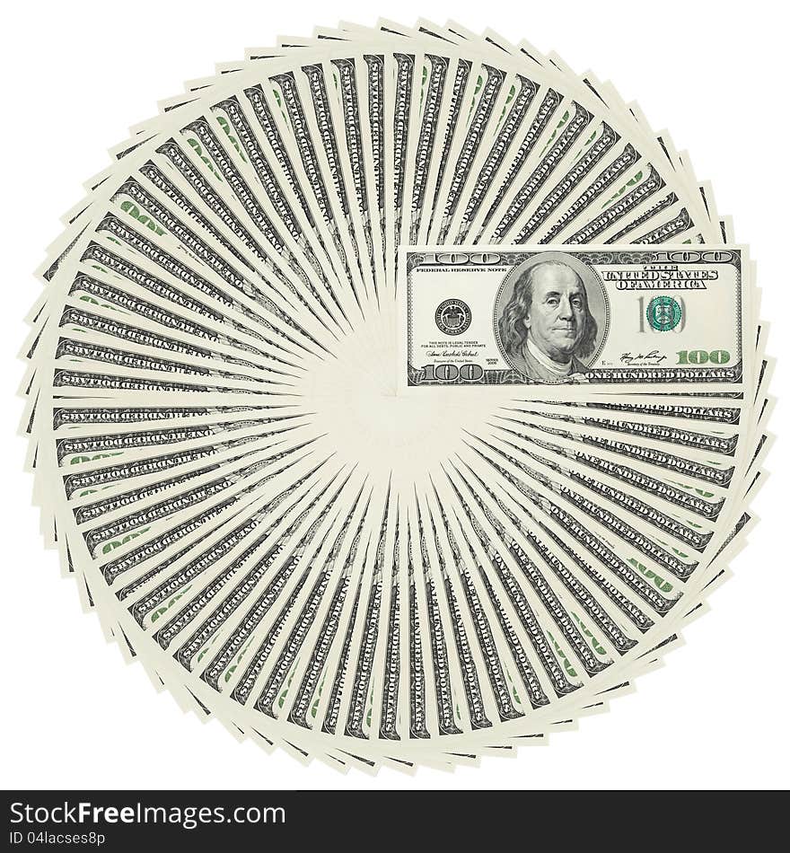 Dollar bank notes circle stack isolated on white background