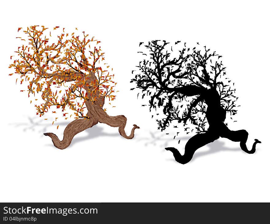 Painted fantasy autumn tree with leaves and silhouette of tree. Painted fantasy autumn tree with leaves and silhouette of tree.