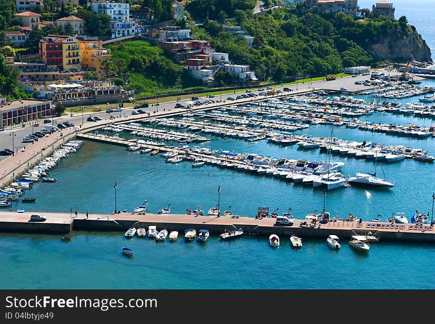 Boats moored in the harbor of Agropoli