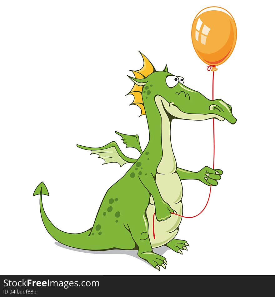 Funny dragon with an orange balloon on a white background.