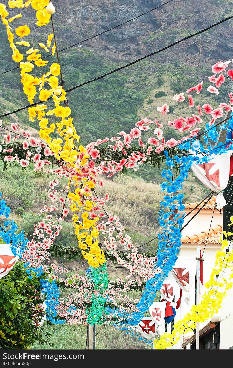 Streets of towns and villages on the island of Madeira are colorfully decorated because of Assumption dag, celebrating Mary's going to heaven. Streets of towns and villages on the island of Madeira are colorfully decorated because of Assumption dag, celebrating Mary's going to heaven