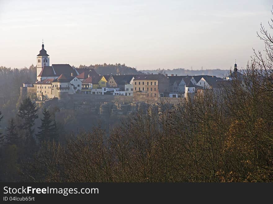 Town with a church built on the rock, old part of the city at sunrise. Town with a church built on the rock, old part of the city at sunrise