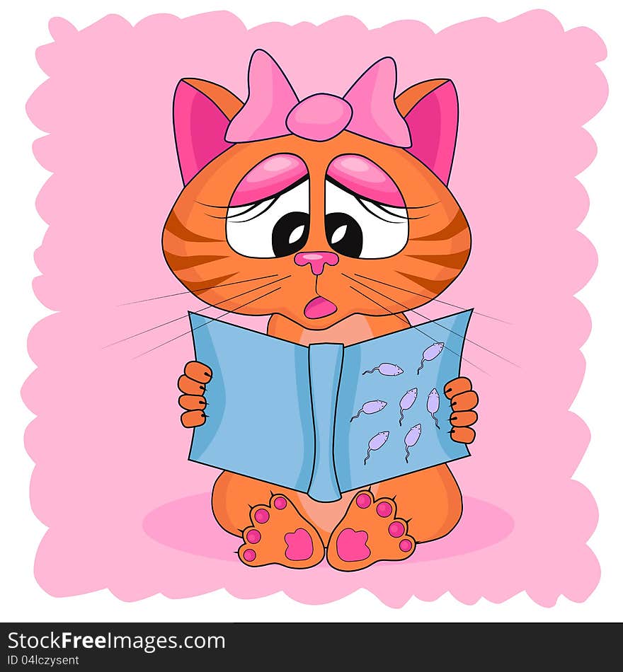 Kitty with a pink bow is reading a book isolated on pink background