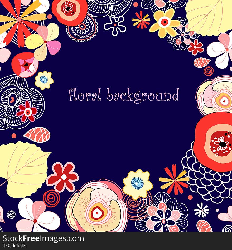 Bright flowers and plants on a dark  blue  background. Bright flowers and plants on a dark  blue  background