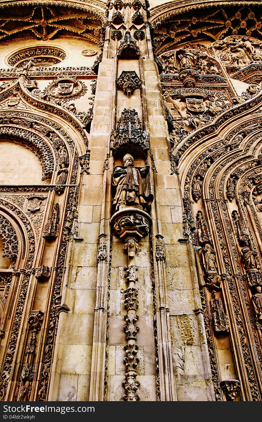 The main entrance to the cathedral of Salamanca in Spain features some of the most rich and detailed gothic decorations in Europe. Miniature saint figures combined with floral motifs and influences from the Moors. The main entrance to the cathedral of Salamanca in Spain features some of the most rich and detailed gothic decorations in Europe. Miniature saint figures combined with floral motifs and influences from the Moors.