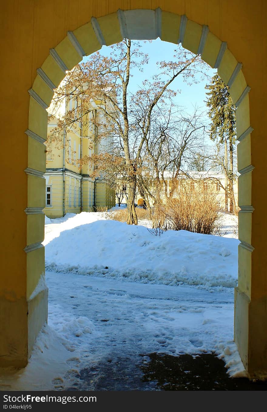 View of the estates  winter yard  from the arch of the building. View of the estates  winter yard  from the arch of the building