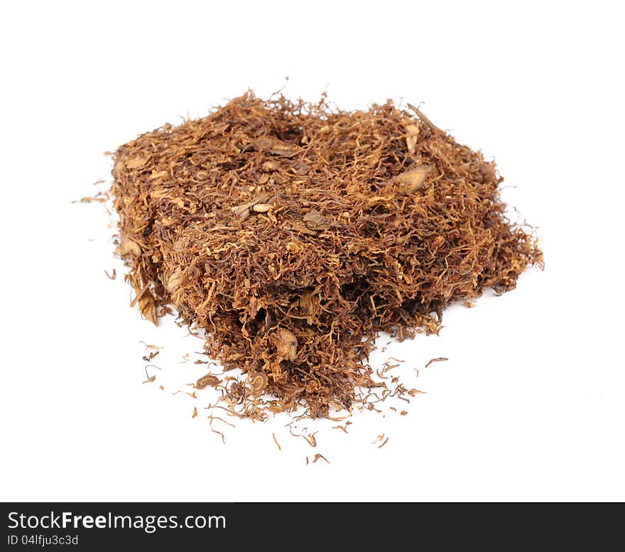 A pile of tobacco for rolling cigarettes on a white background