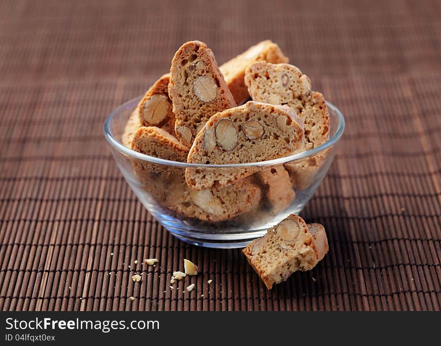 Glass Bowl of a Cantuccini cookies. Glass Bowl of a Cantuccini cookies