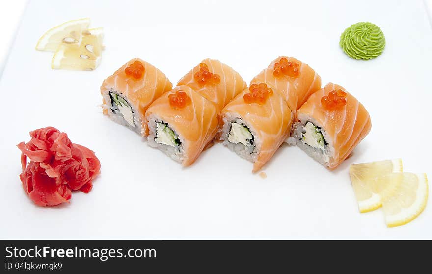 Japanese sushi fish and seafood on white background