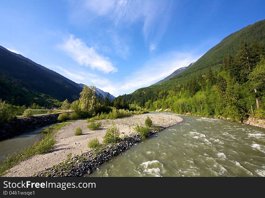 A fast moving river in the Coastal Mountain range of British Columbia Canada. A fast moving river in the Coastal Mountain range of British Columbia Canada