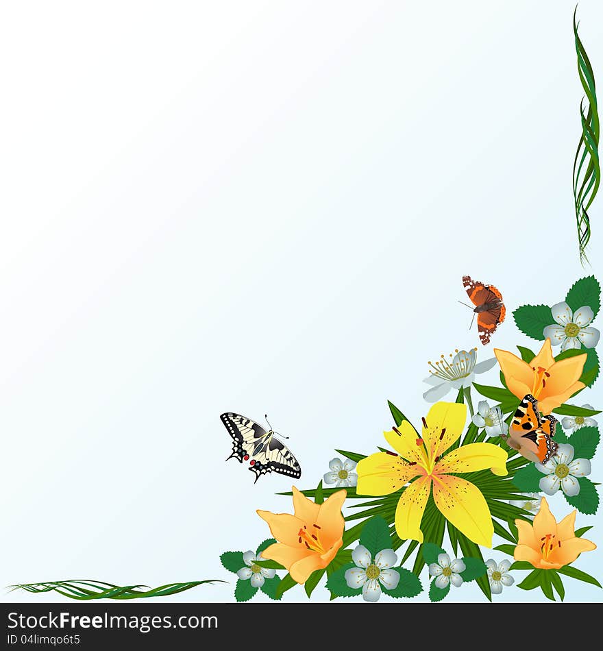 Bouquet of flowers and butterflies. The illustration on a white background. Bouquet of flowers and butterflies. The illustration on a white background.