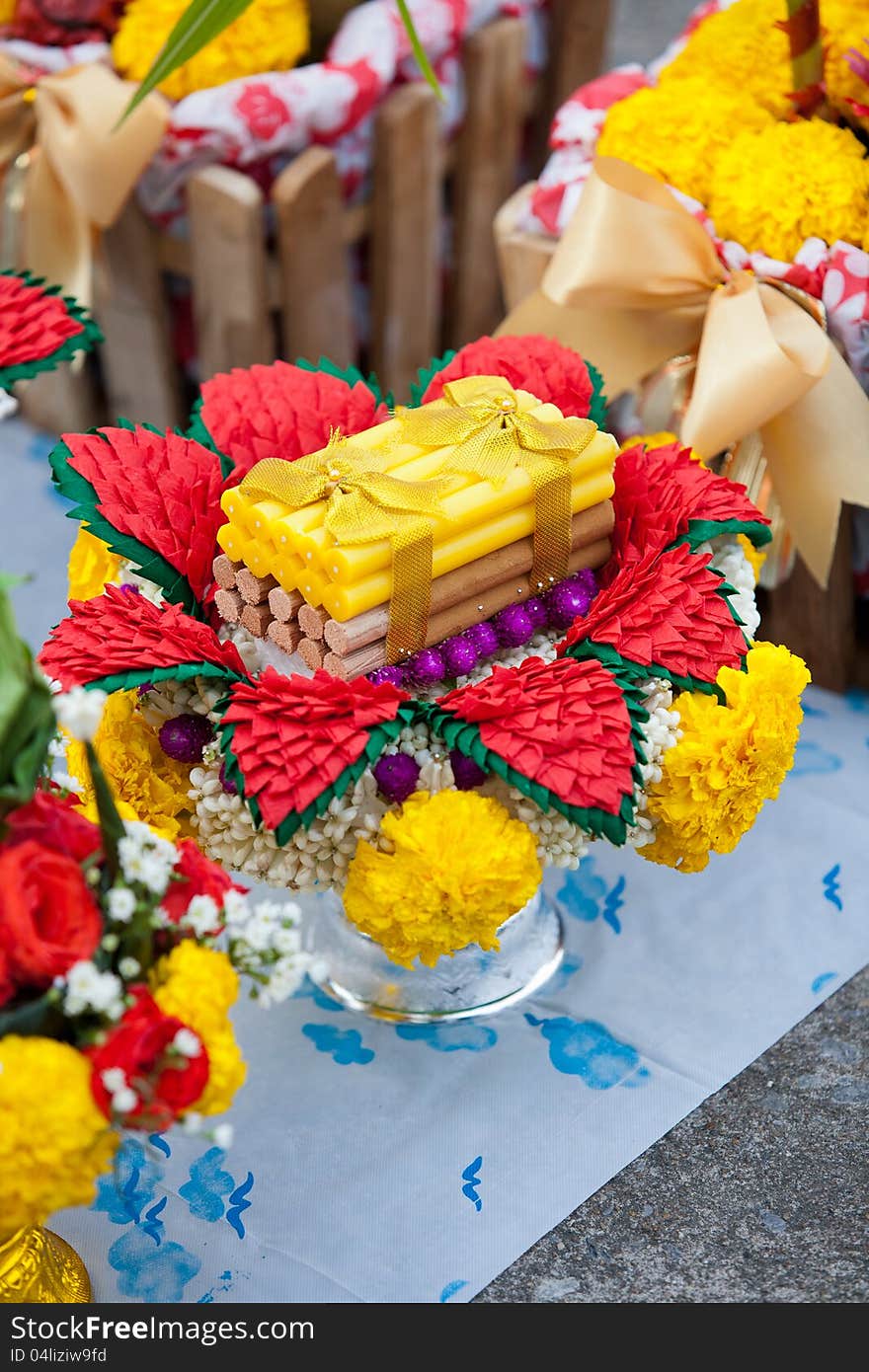 Silver tray flower with candles use for Thai wedding ceremony