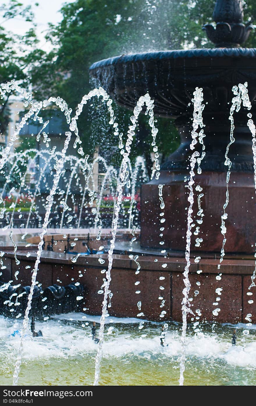 Water jets in a fountain close up