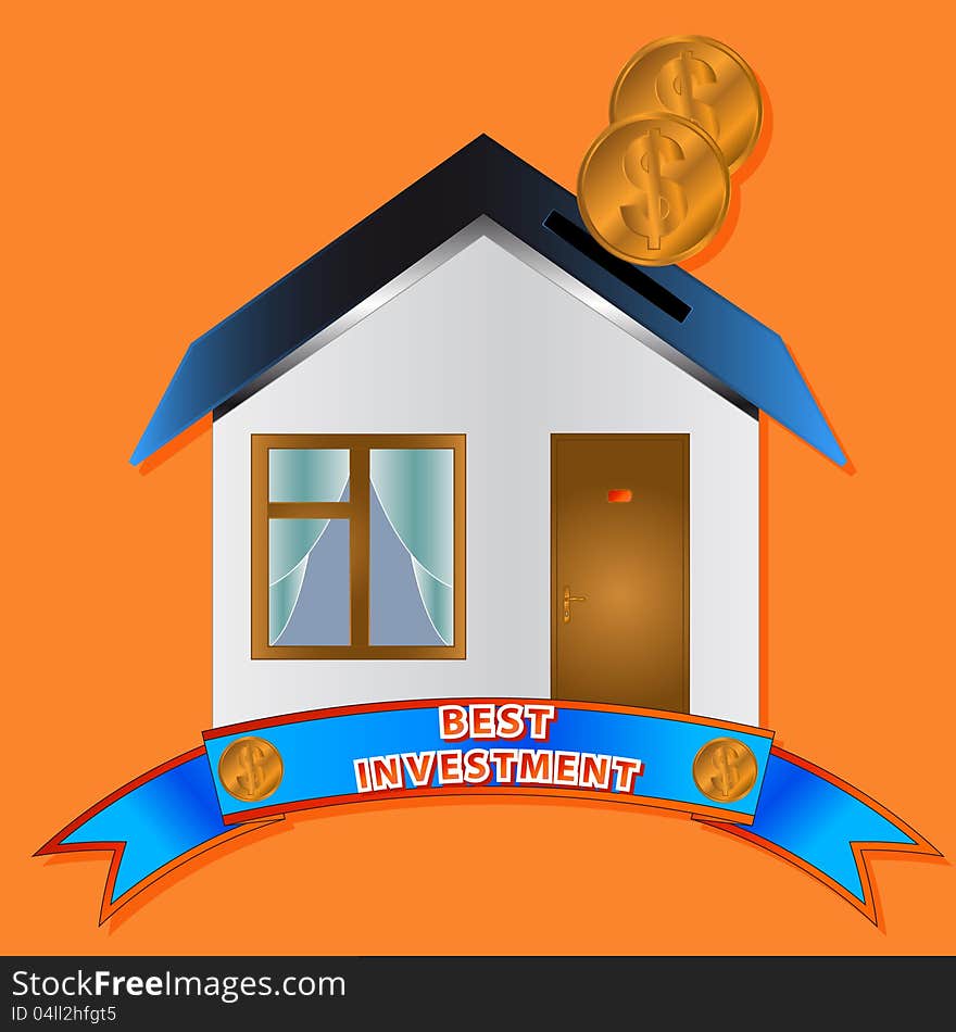 Real estate with coins on a orange background. Real estate with coins on a orange background