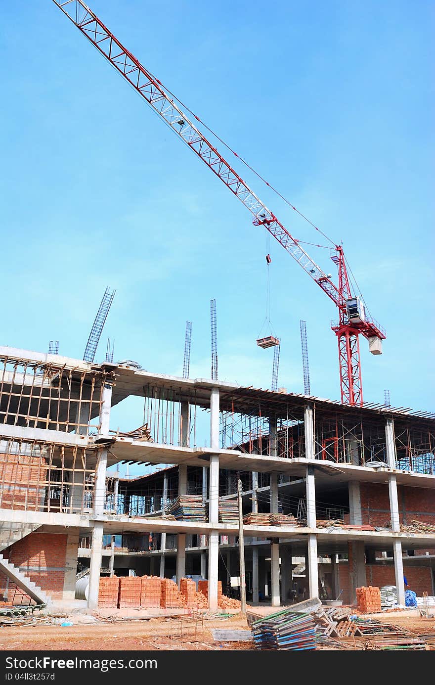 Construction site with crane and building. Construction site with crane and building