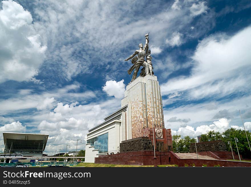 MOSCOW - JULY 22, 2012: Famous soviet monument Worker and Kolkhoz Woman (Worker and Collective Farmer) of sculptor Vera Mukhina on july 22, 2012 in Moscow, Russia. The monument is made of stainless steel for the 1937 World's Fair in Paris and subsequently moved to Moscow.