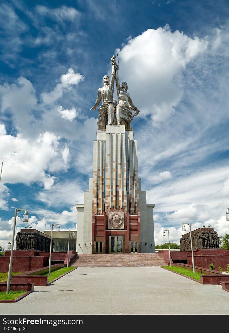 MOSCOW - JULY 22, 2012: Famous soviet monument Worker and Kolkhoz Woman (Worker and Collective Farmer) of sculptor Vera Mukhina on july 22, 2012 in Moscow, Russia. The monument is made of stainless steel for the 1937 World's Fair in Paris and subsequently moved to Moscow.