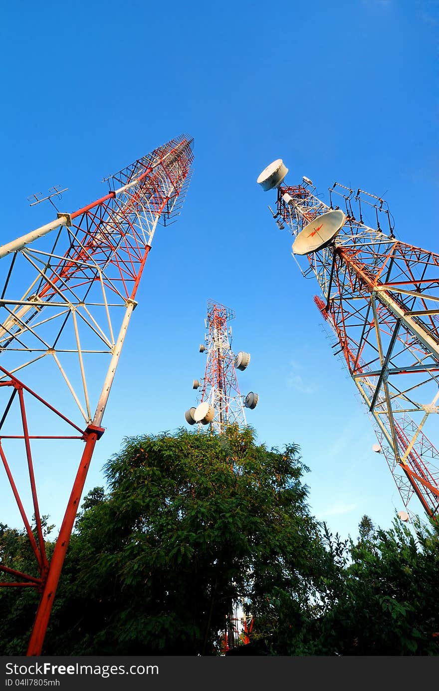 Telecommunication tower with a  sunlight. Used to transmit television signals.