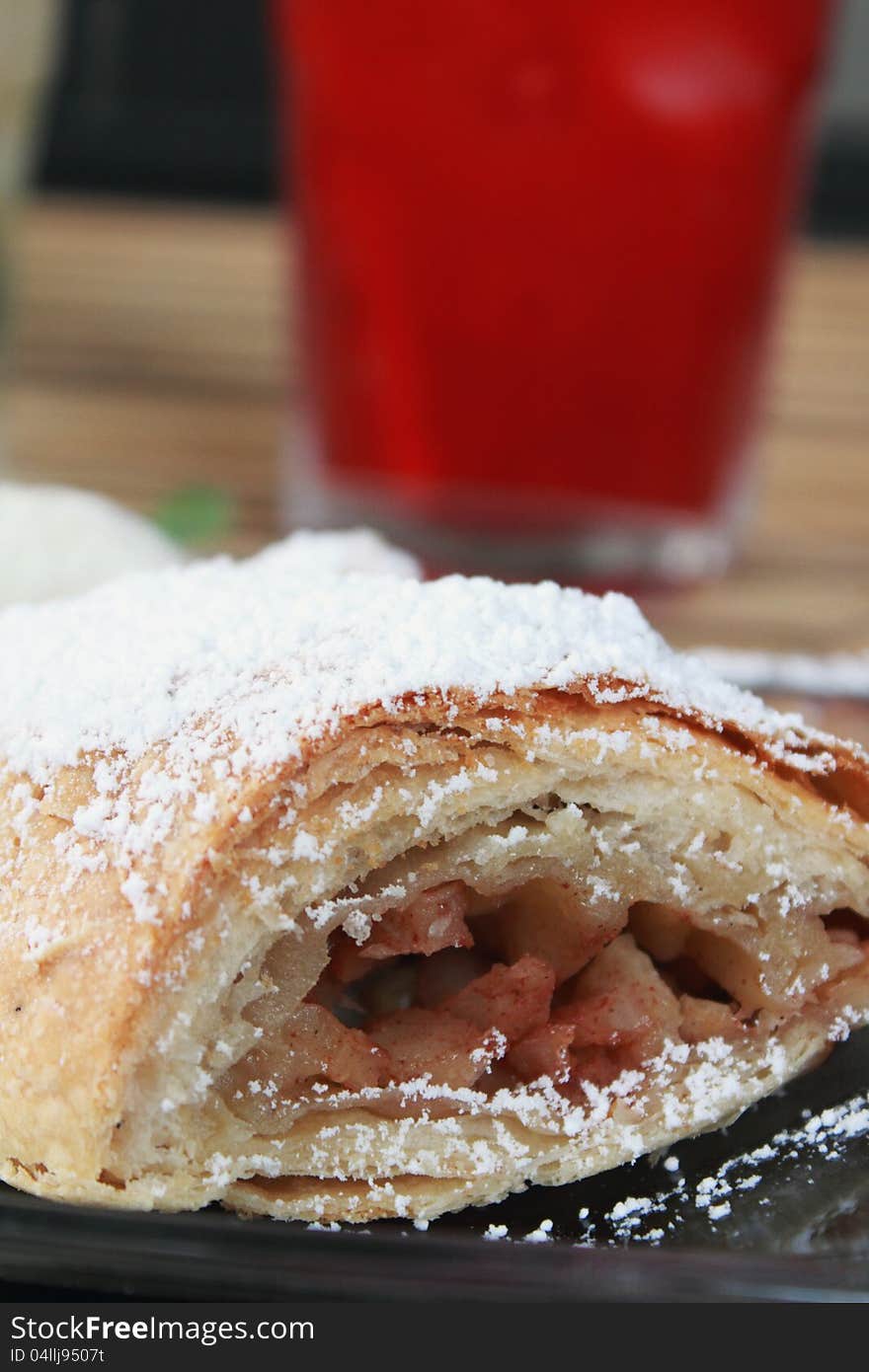 Detail photo of apple roll strudel without sugar. Detail photo of apple roll strudel without sugar