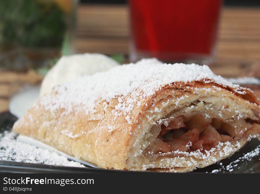 Detail photo of apple roll strudel without sugar. Detail photo of apple roll strudel without sugar