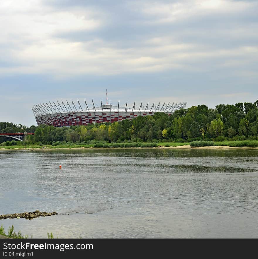 National Stadium over the Vistula river. Wide angle view